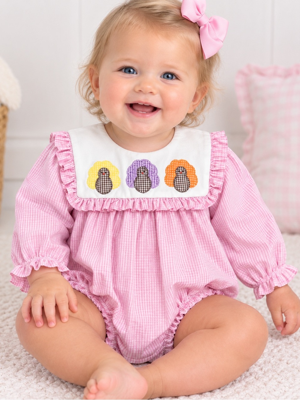 Stitchy Fish Baby Pink Ruffled One-Piece with Embroidered Turkey Detail